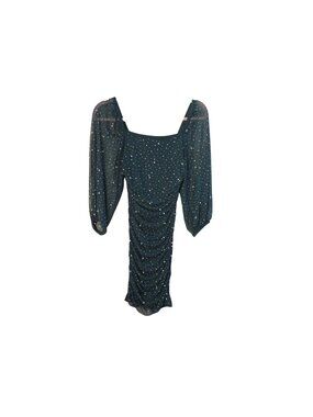 Extraordinary Rhinestone Ruched Mini Dress With Sheer Puff Sleeves Teal XS